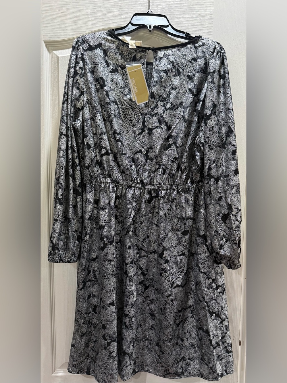 Michael Kors Black & White Paisley Wrap-Style Long Sleeve Mini Dress